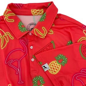 Proud 90 Mens 2XL‎ Performance Golf Polo Shirt Colorful Flamingos Fruit Tropical